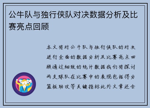公牛队与独行侠队对决数据分析及比赛亮点回顾
