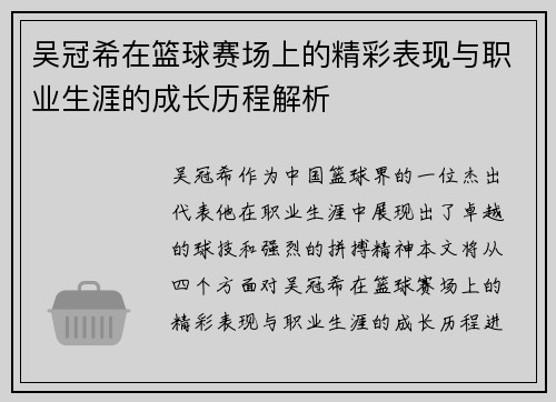 吴冠希在篮球赛场上的精彩表现与职业生涯的成长历程解析