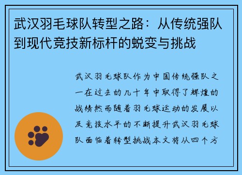 武汉羽毛球队转型之路：从传统强队到现代竞技新标杆的蜕变与挑战
