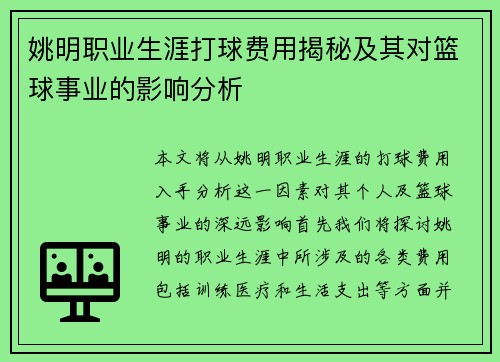 姚明职业生涯打球费用揭秘及其对篮球事业的影响分析