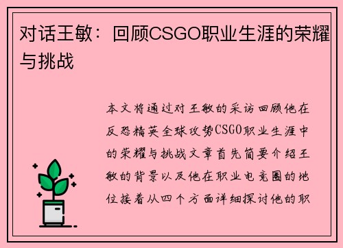 对话王敏：回顾CSGO职业生涯的荣耀与挑战