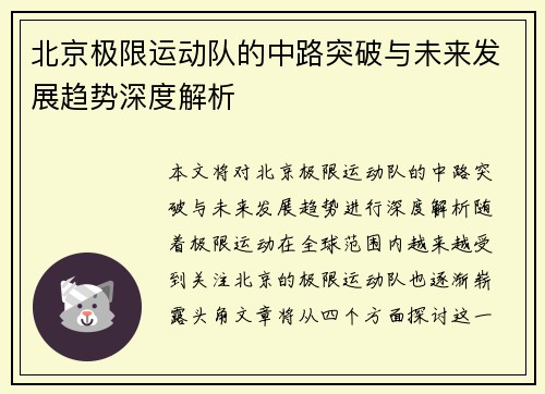 北京极限运动队的中路突破与未来发展趋势深度解析