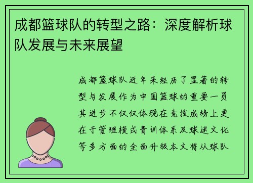 成都篮球队的转型之路：深度解析球队发展与未来展望