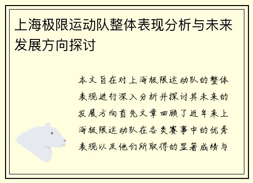 上海极限运动队整体表现分析与未来发展方向探讨