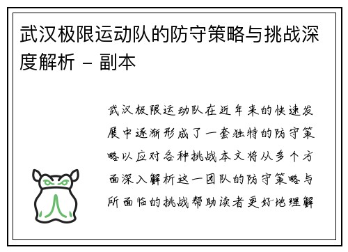 武汉极限运动队的防守策略与挑战深度解析 - 副本